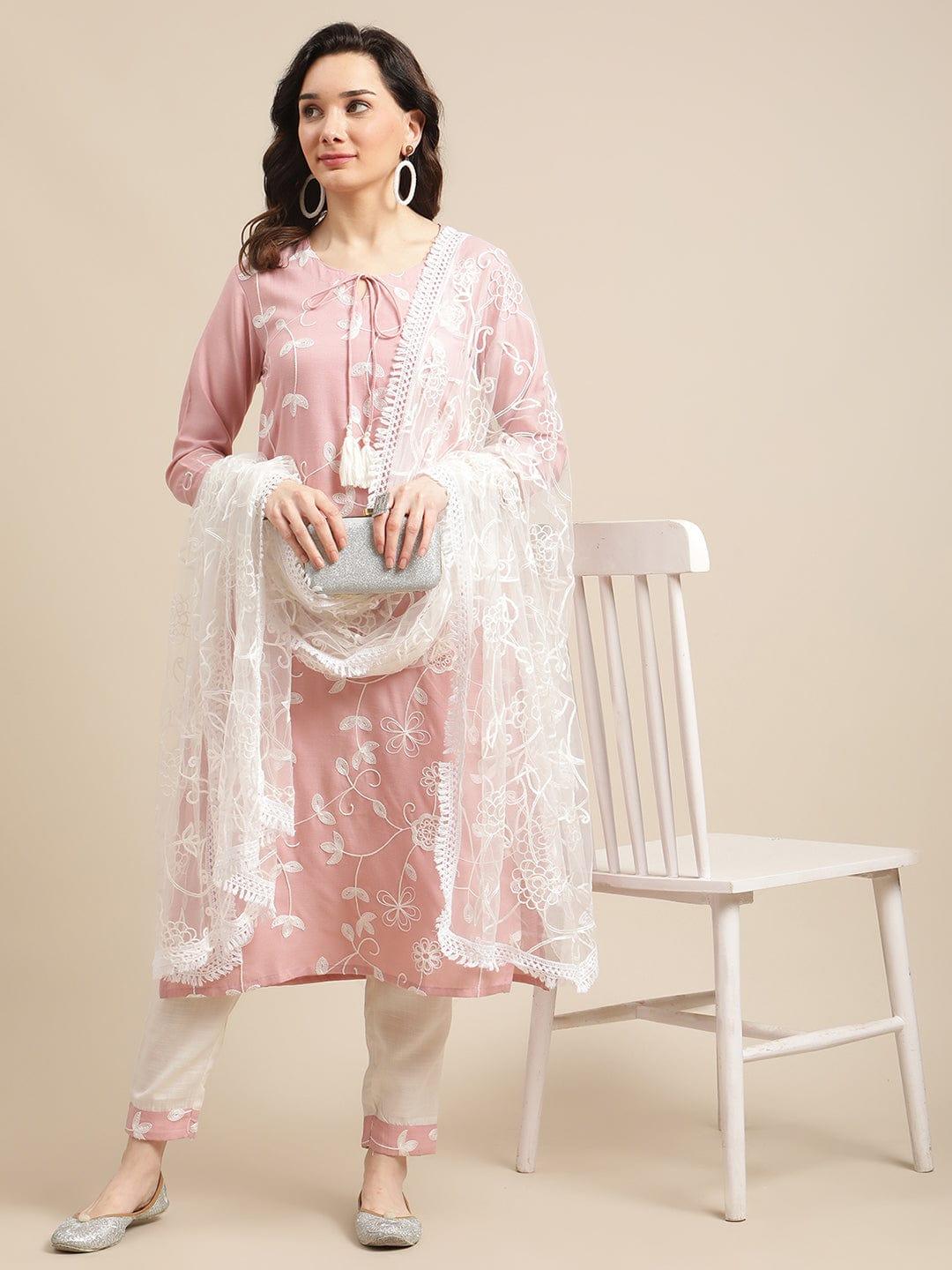 Pastel Pink Aari Embroidery Kurta Trouser Set With White All Over Embroidery Dupatta - Indiakreations