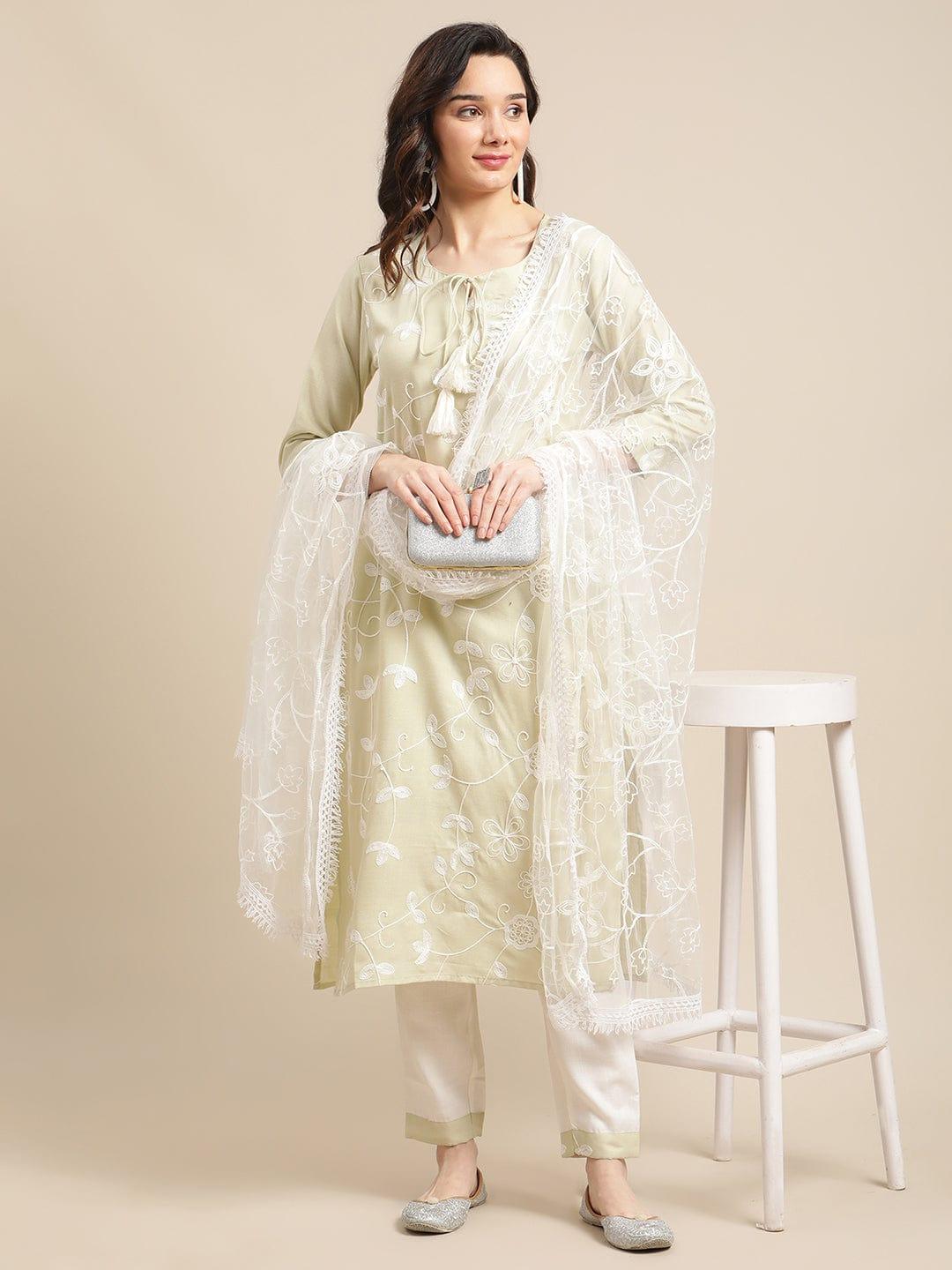 Pista Green Aari Embroidery Kurta Trouser Set With White All Over Embroidery Dupatta - Indiakreations