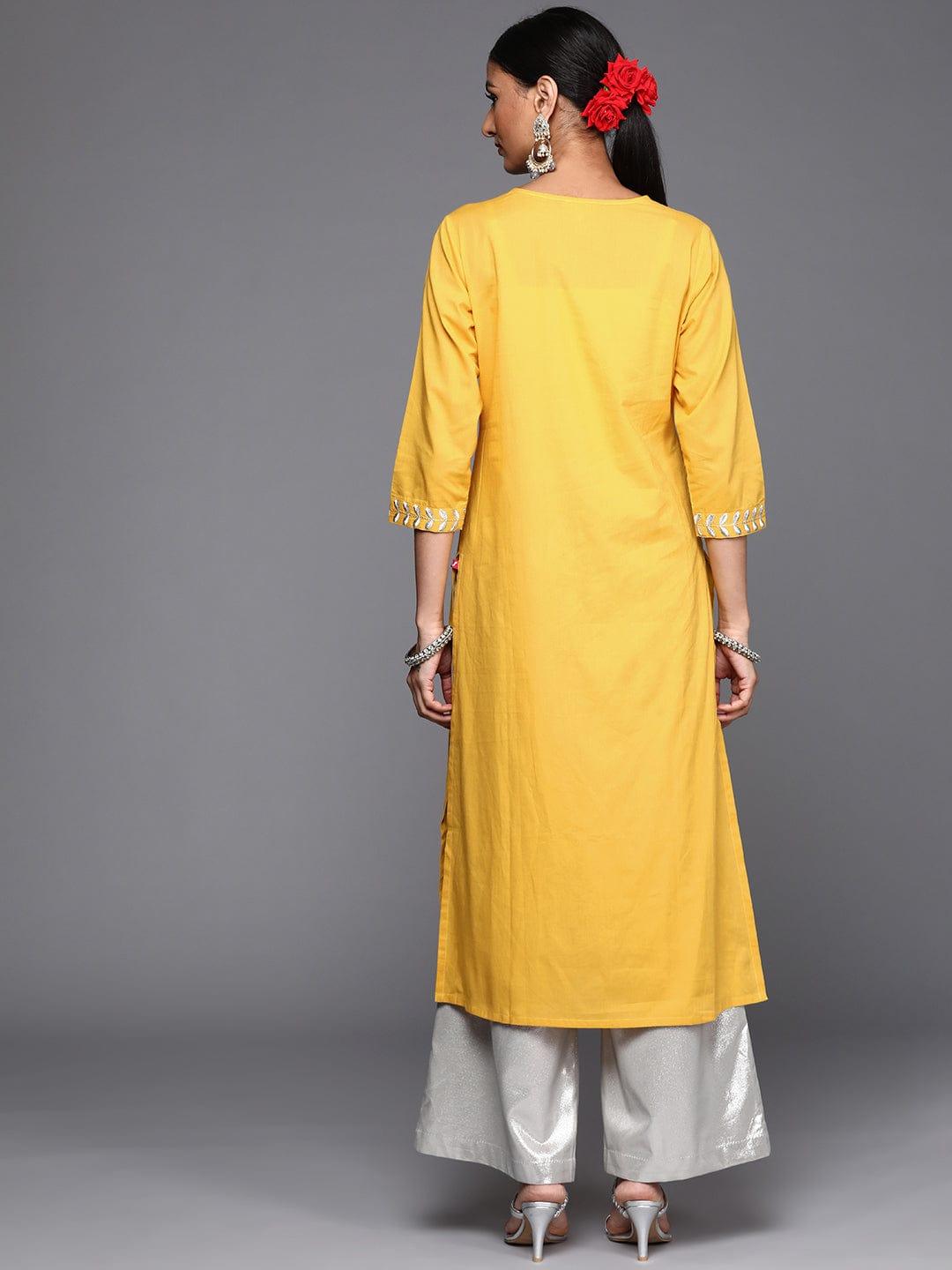 Varanga Women Mustard Yellow & White Yoke Embroidered Zari Cotton Straight Kurta - Indiakreations