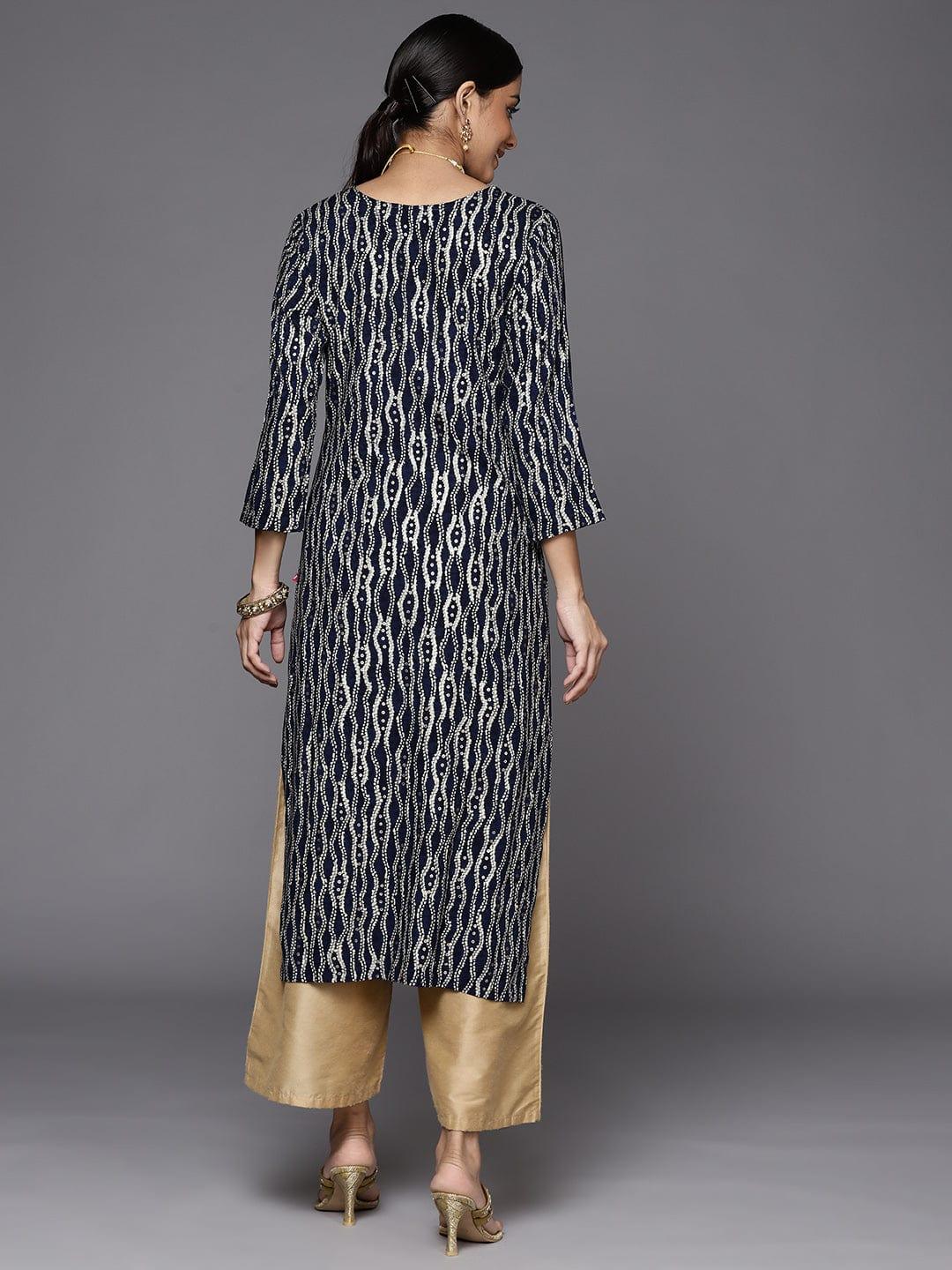 Varanga Women Navy Blue & Cream-Coloured Printed Gotta Patti Indigo Kurta - Indiakreations