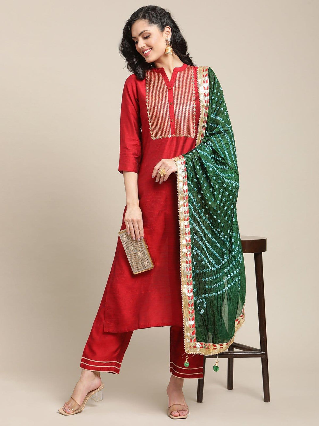 Maroon Silk Sequins Work Kurta Trouser Set With Green Silk Bandhej Dupatta - Indiakreations