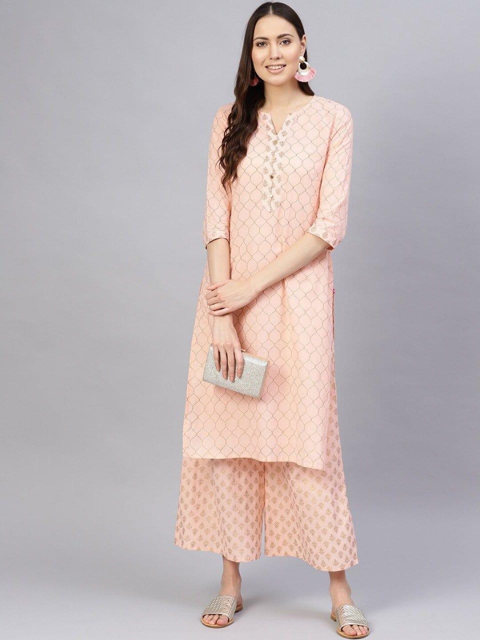 KSUT Women Peach-Coloured Printed Kurta with Palazzos - Indiakreations