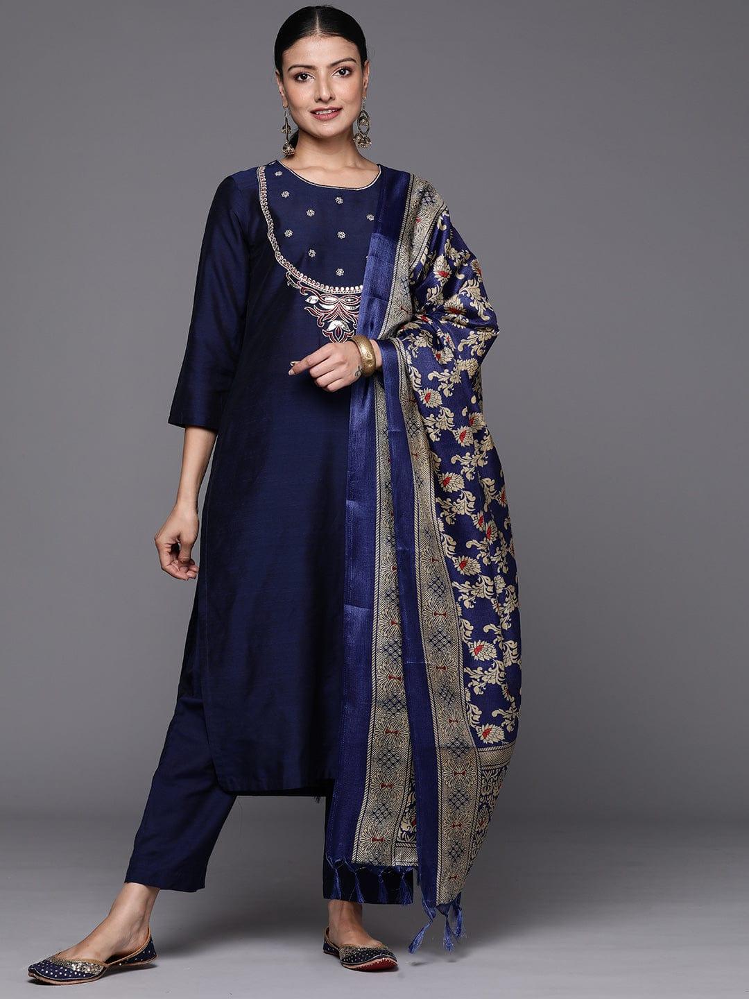 Varanga Women Embroidered Sequinned Silk Kurta with Trousers & Dupatta - Indiakreations