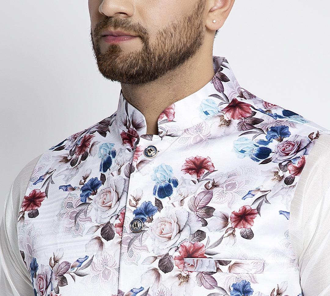 Men's White & Multi Printed Nehru Jacket - Benstoke - Indiakreations