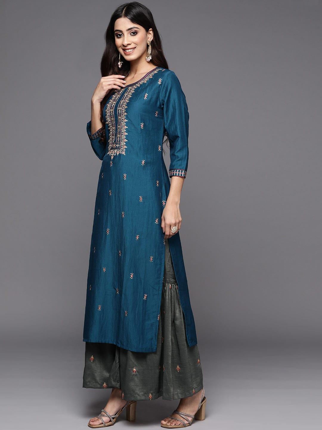 Varanga Women Blue Ethnic Motifs Yoke Design Thread Work Kurta with Sharara & With Dupatta - Indiakreations