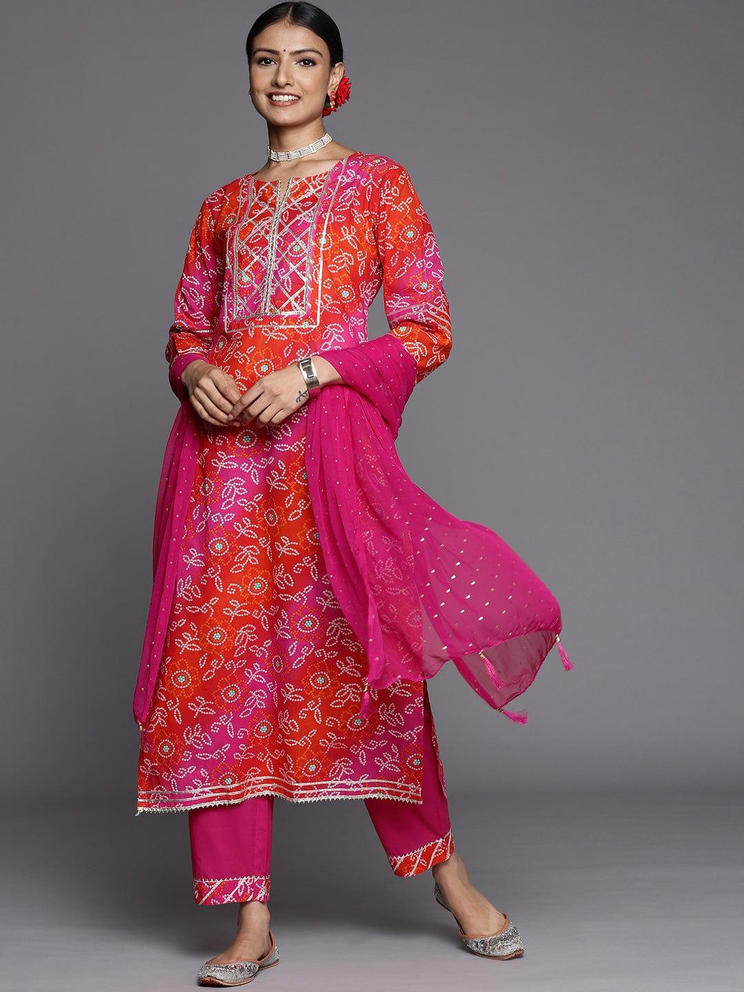 Varanga Women Pink Bandhani Printed Gotta Patti Pure Cotton Kurta with Trousers & With Dupatta - Indiakreations