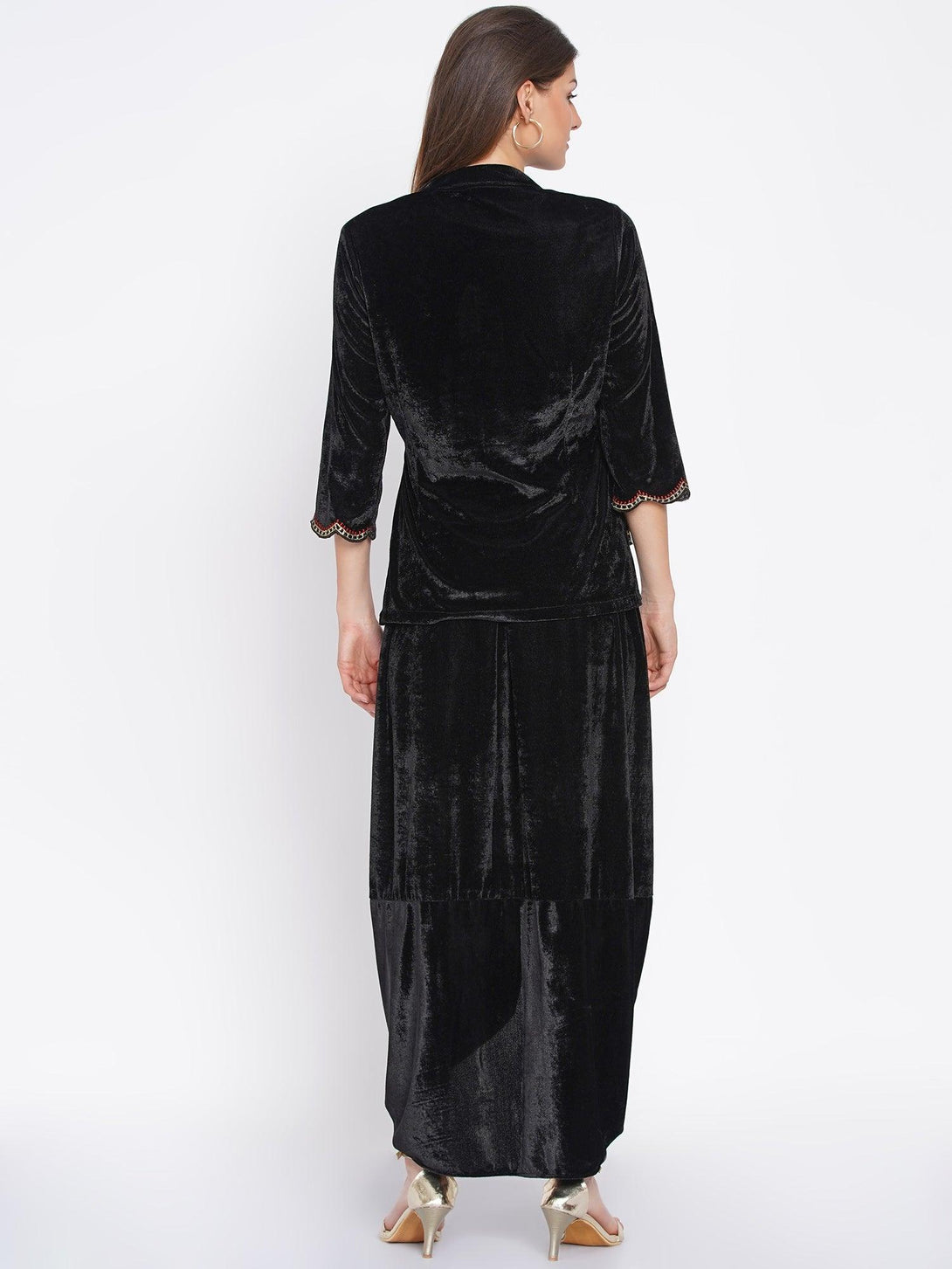 Women's Black Embroidered Velvet Kurta with Dhoti - Women Republic - Indiakreations