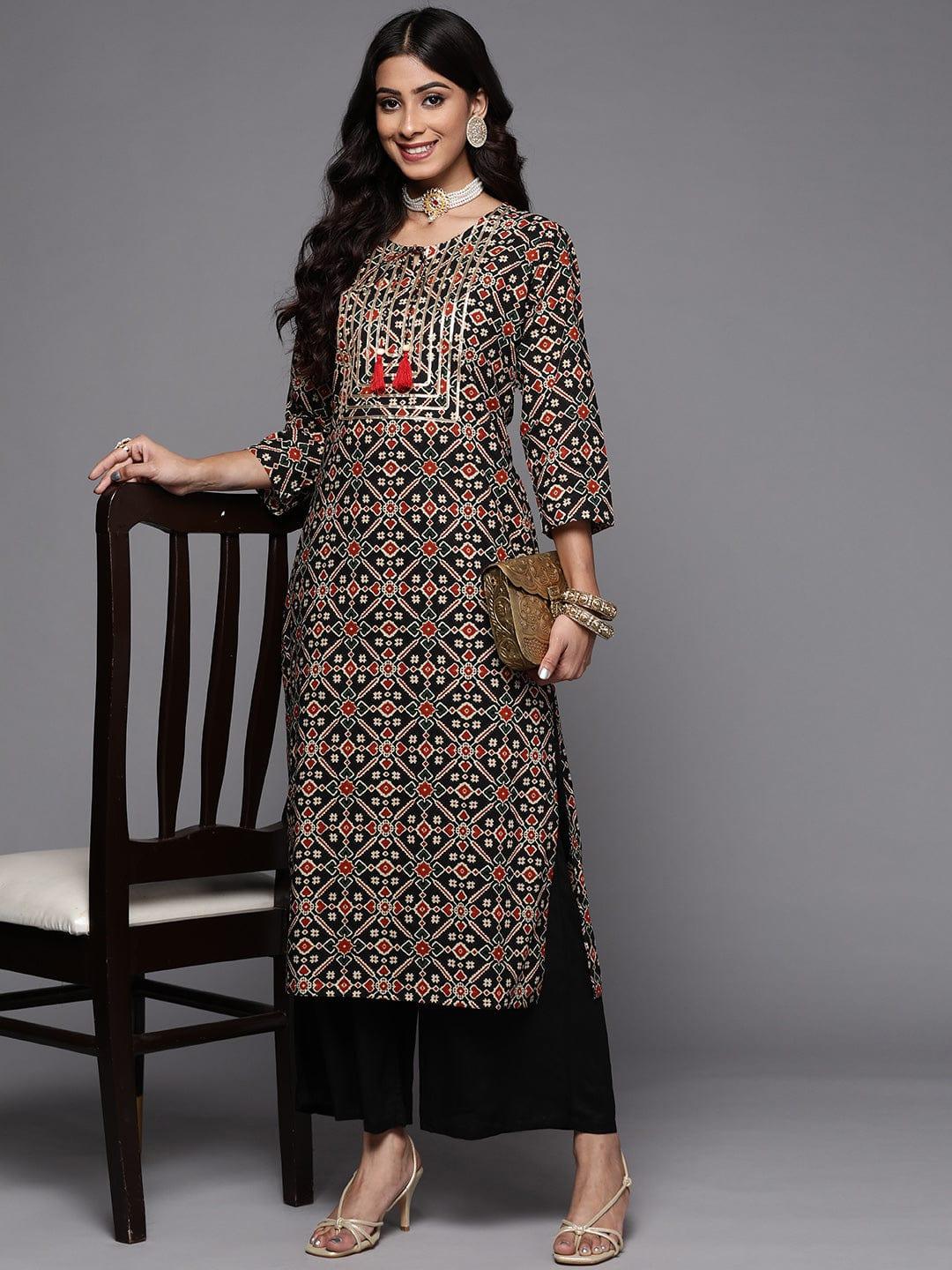 VARANGA Women Black & Gold-Toned Ethnic Motifs Printed Thread Work Indie Prints Kurta - Indiakreations