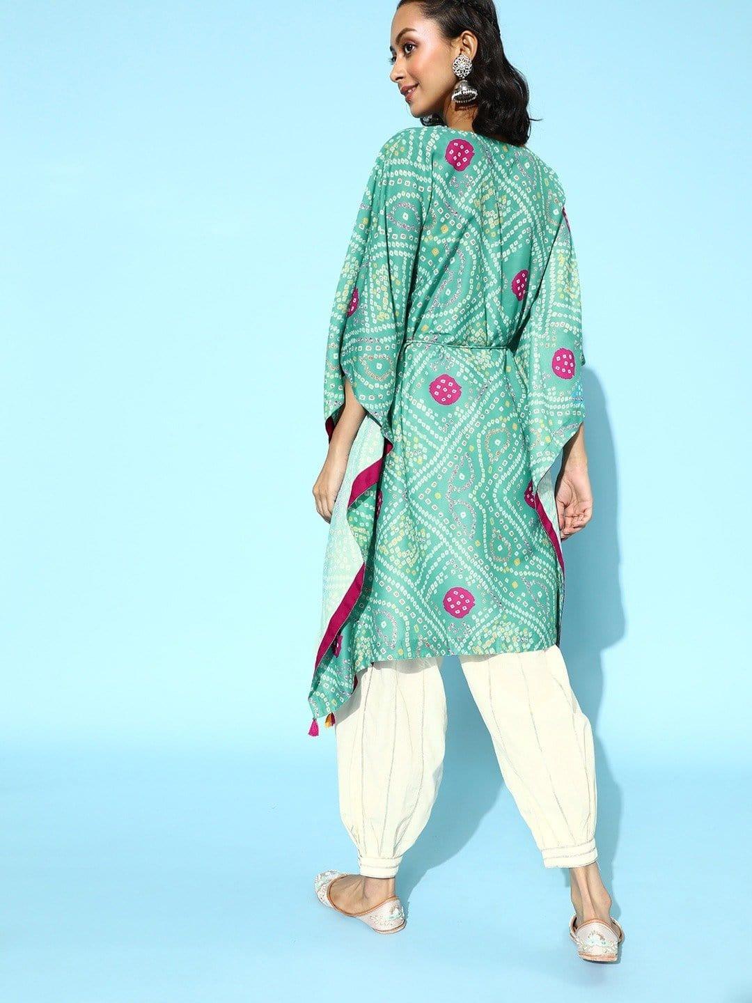 Turquoise Bandhej Printed Tassel Embellished Kaftan With Gota Work Balloon Trouser - Indiakreations