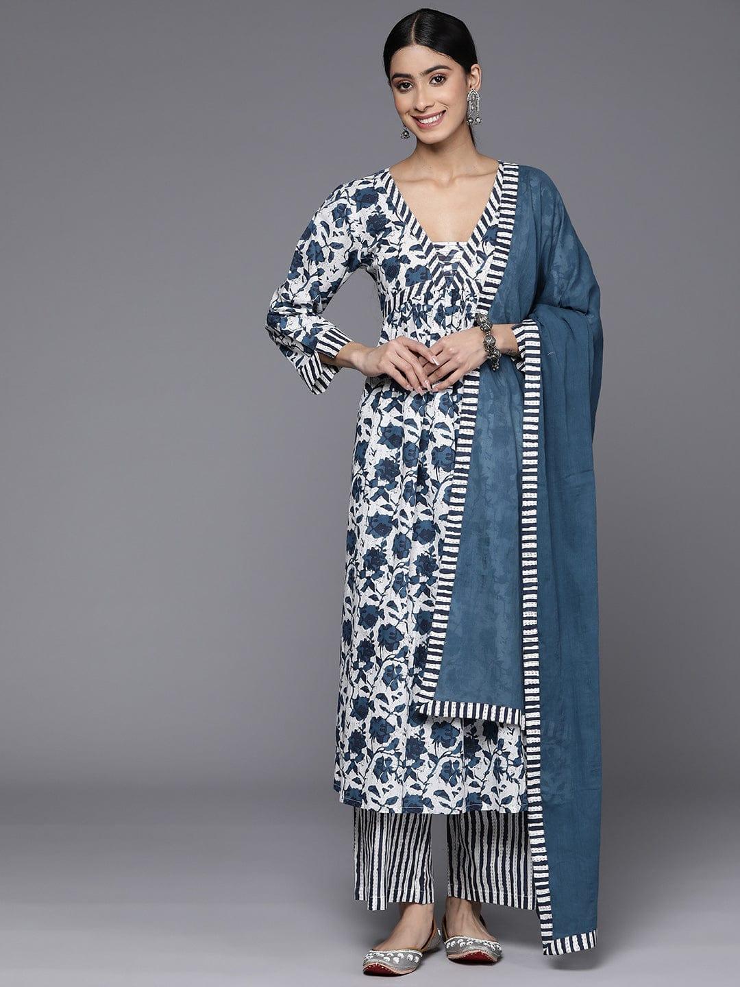 Varanga Floral Printed Kantha Work Pure Cotton Kurta With Palazzos & Dupatta - Indiakreations