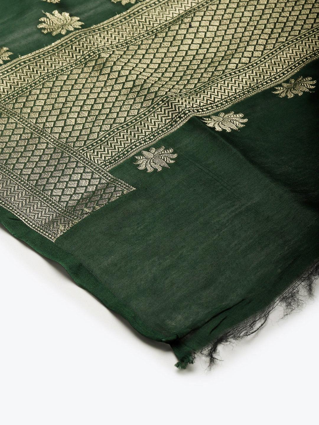 Women's Green Color Ethnic Motifs Woven Design Dupatta With Zari - Varanasi - Indiakreations