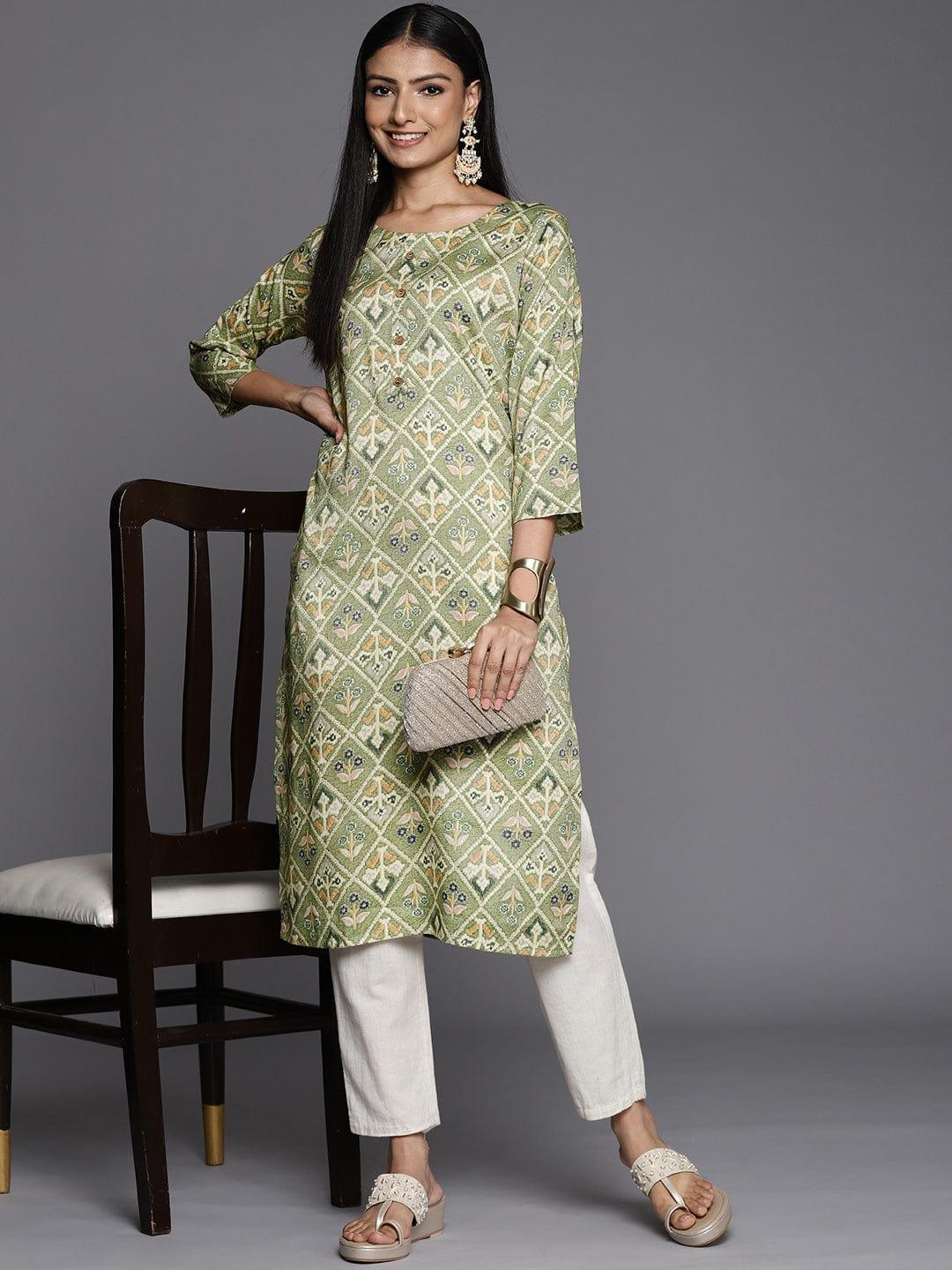 Varanga Women Green & Cream-Coloured Ethnic Motifs Printed Kurta - Indiakreations