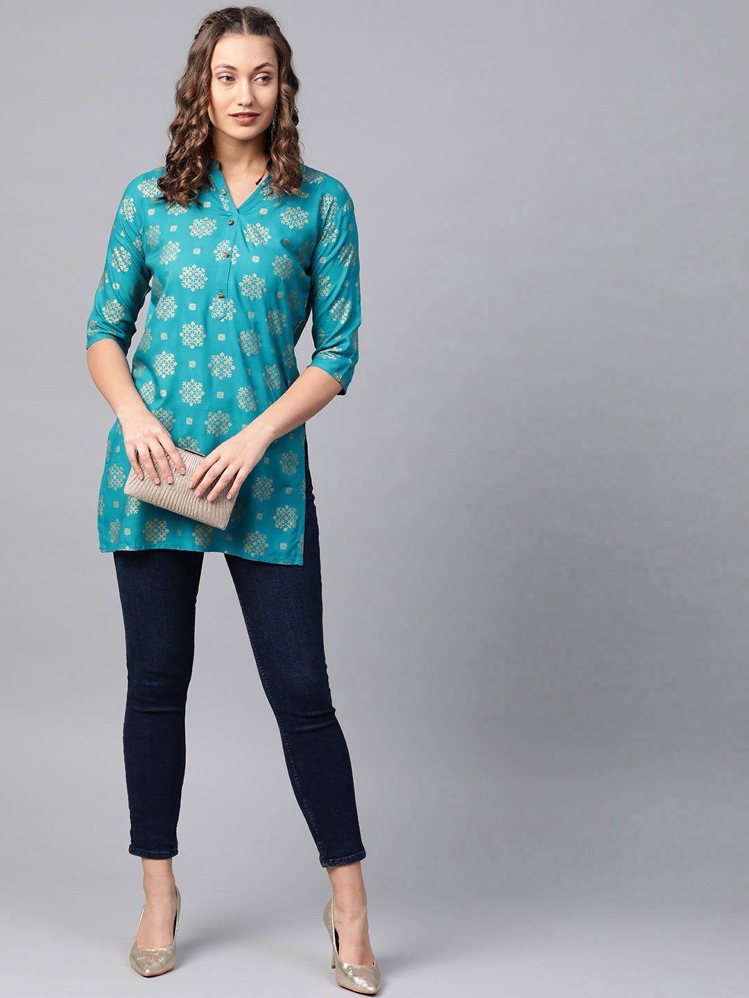 Women's Blue & Golden Printed Kurti - Anubhutee