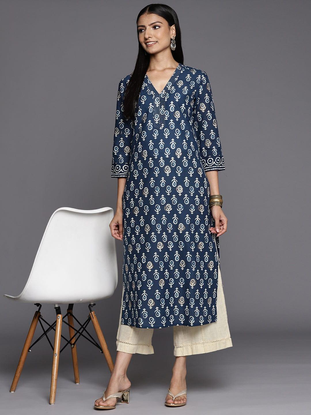 Varanga Women Navy Blue & Beige Ethnic Motifs Printed Kurta - Indiakreations