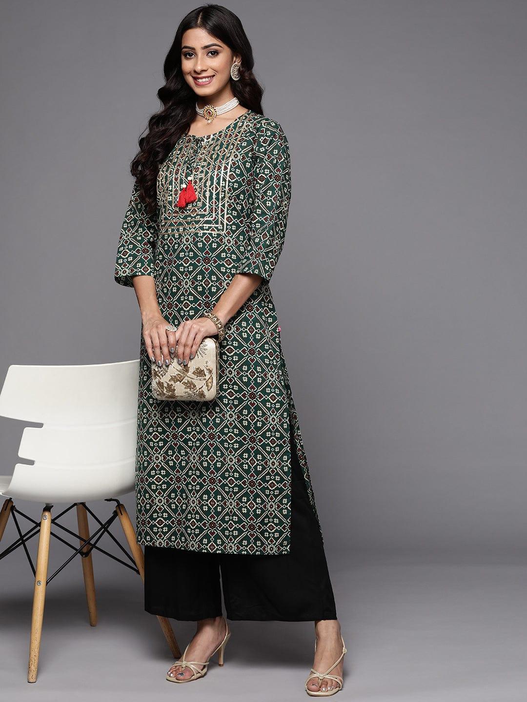 Varanga Women Green & Gold-Toned Ethnic Motifs Printed Thread Work Indie Prints Kurta - Indiakreations