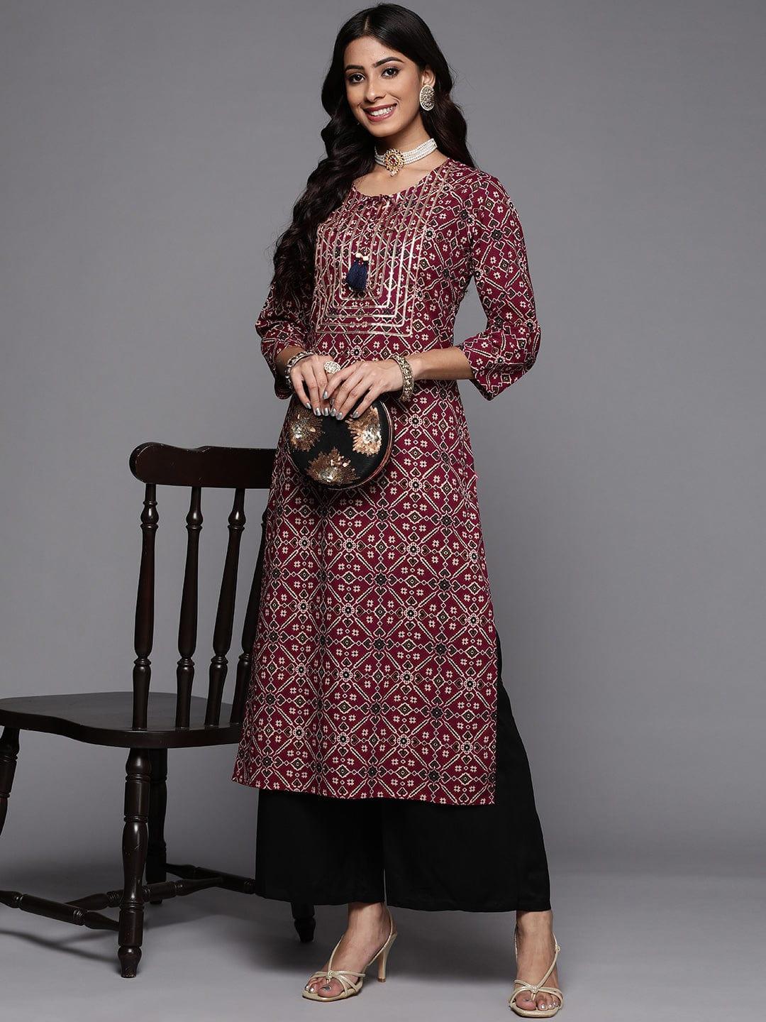 Varanga Women Maroon & Beige Ethnic Motifs Printed Indie Prints Kurta - Indiakreations