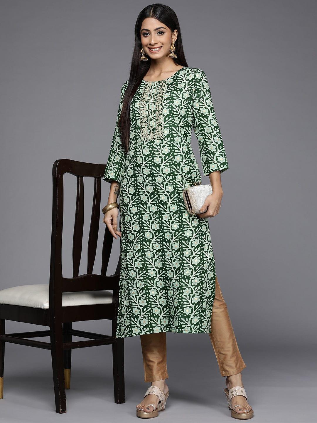 Varanga Women Green Floral Printed Zardozi Kurta - Indiakreations