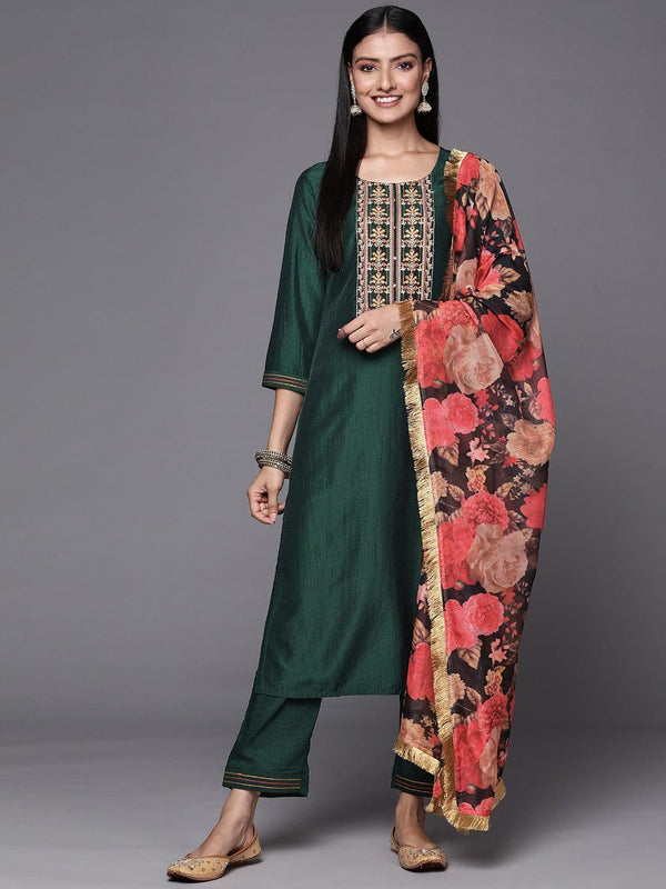 Varanga Women Green Floral Embroidered Thread Work Kurta with Trousers & With Dupatta - Indiakreations