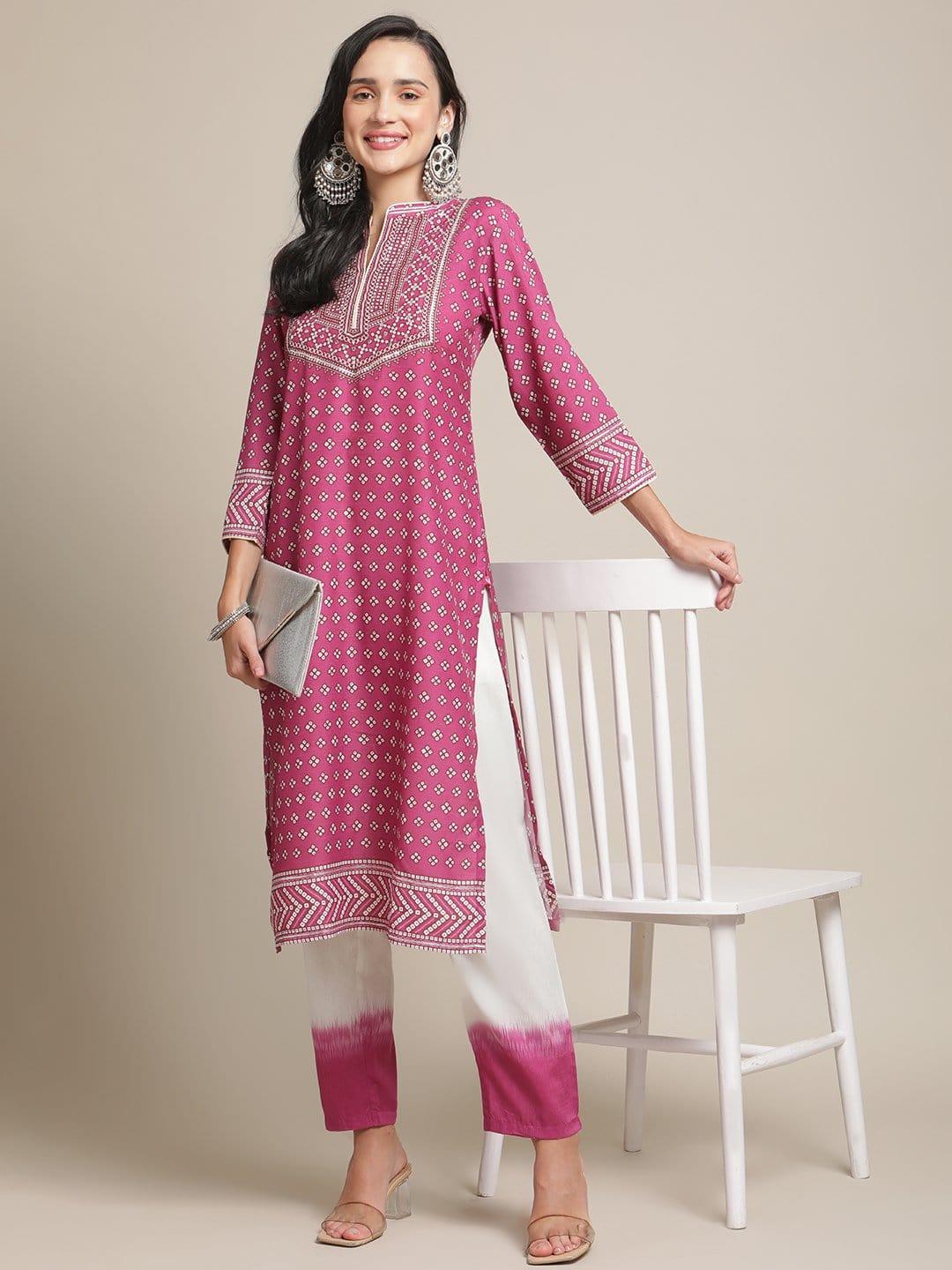 Magenta And Off White Bandhej Printed And Zari Embellished Kurta Trouser Set - Indiakreations