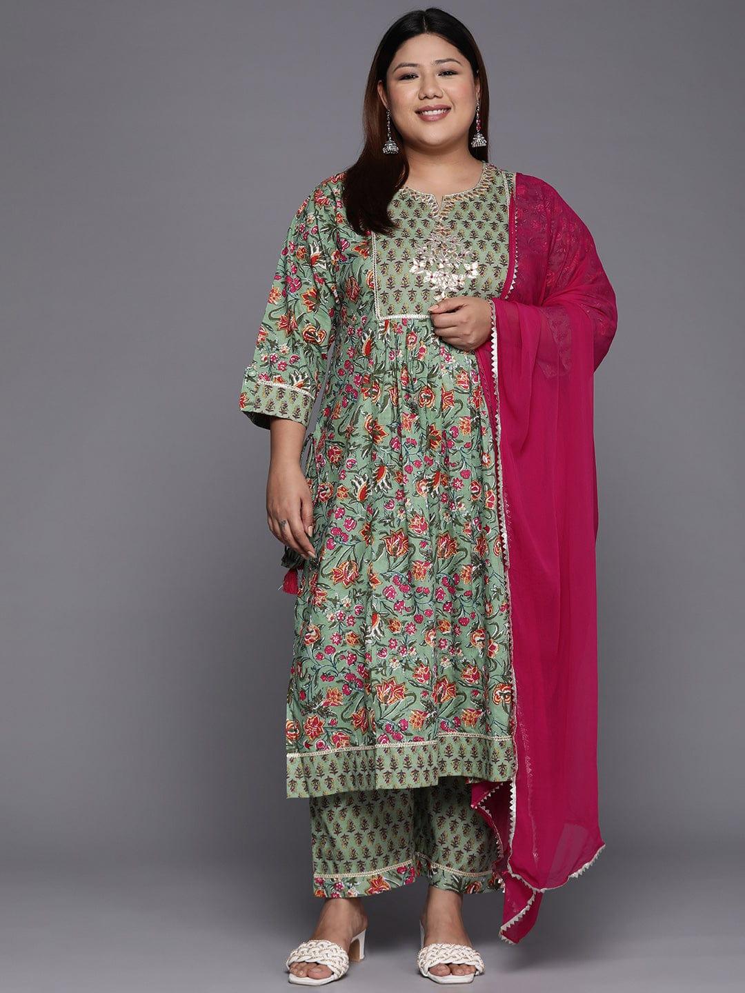 Varanga Women Plus Size Green Floral Printed Gotta Patti Pure Cotton Kurta with Trousers & Dupatta - Indiakreations