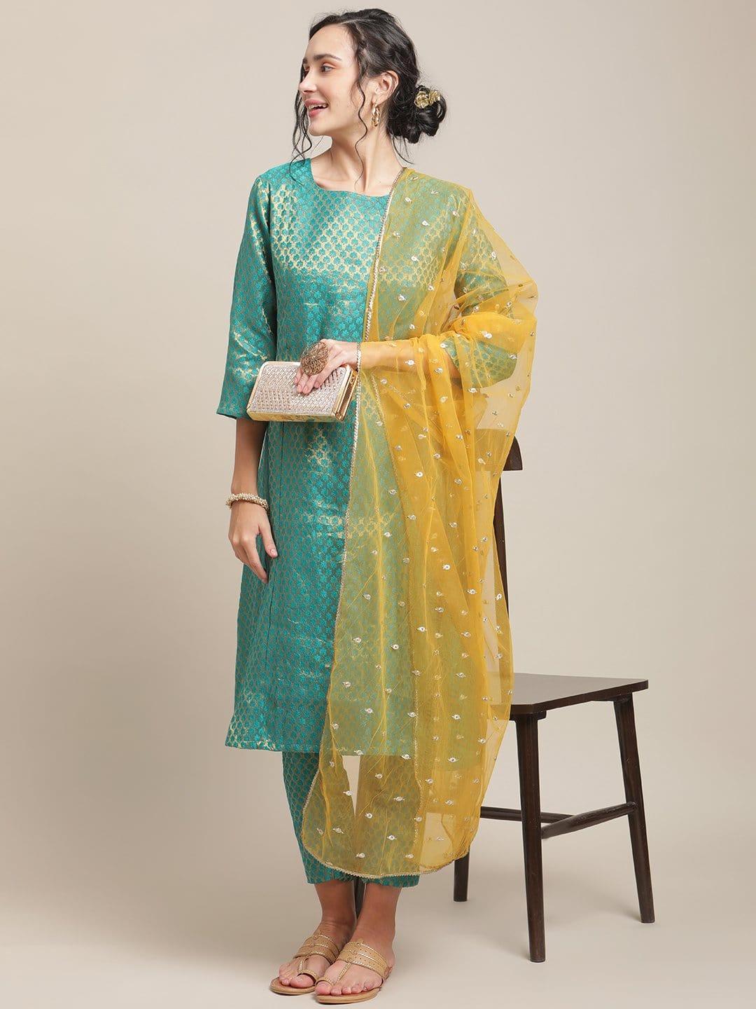 Teal Brocade Round Neck A-Line Kurta Paired With Brocade Trouser And Yellow Net Sequined Dupatta - Indiakreations