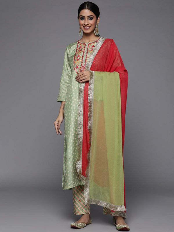 Varanga Women Green Leheriya Embroidered Mirror Work Kurta with Trousers & With Dupatta - Indiakreations