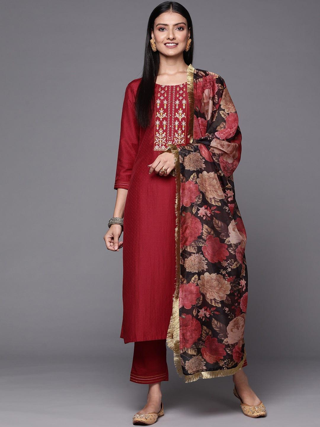 Varanga Women Maroon & Beige Floral Embroidered Thread Work Kurta with Trousers & Dupatta - Indiakreations