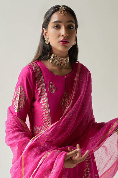 Chaand Rani Foil Rani pink Anarkali with palazzo and Dupatta - Set of 3 - Indiakreations