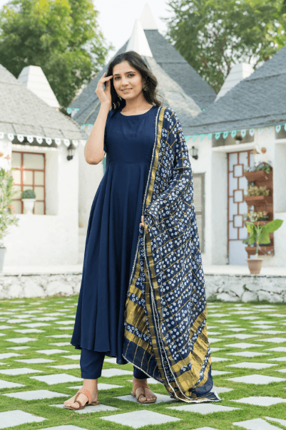 Women's Midnight Blue Kurta Set with Bandej Dupatta - Indiakreations