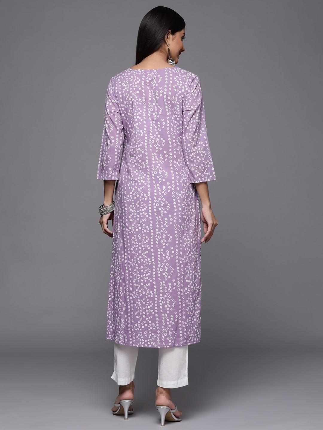 Varanga Women Lavender & White Bandhani Printed Gotta Patti Cotton Straight Kurta - Indiakreations