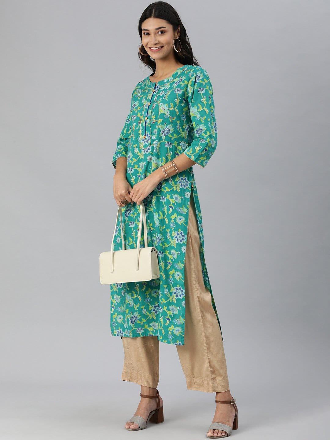 KSUT Turquoise Floral Printed Straight Kurta With Sequins Work Yoke - Indiakreations