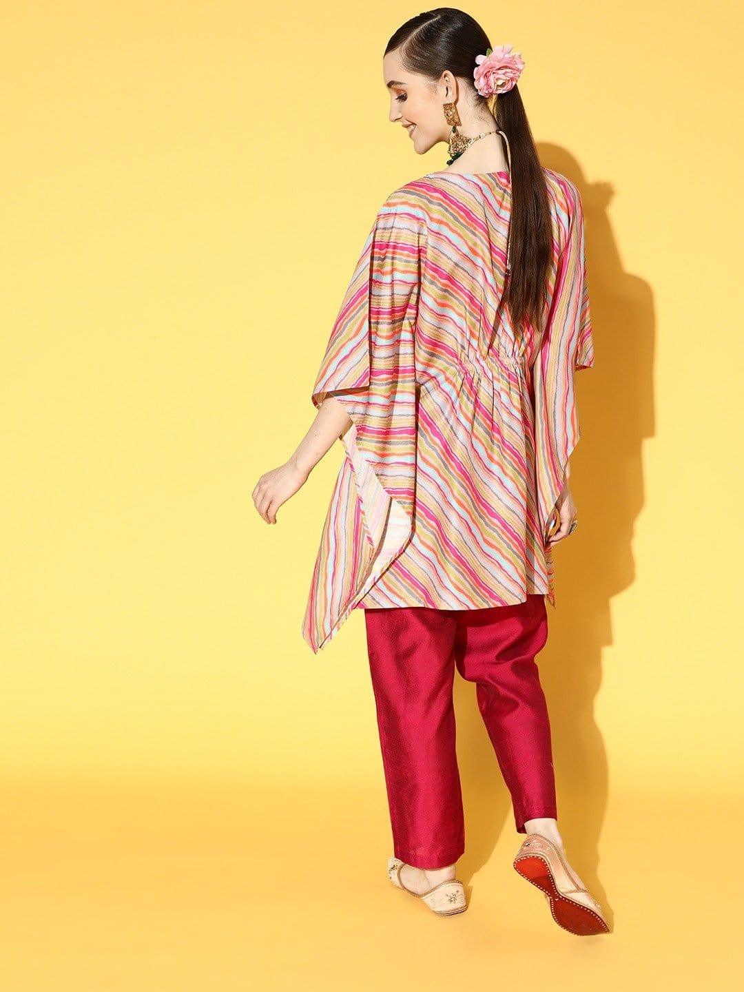 Pink Leheriya Printed Kaftan With Embroidered Belt And Pink Silk Trouser - Indiakreations