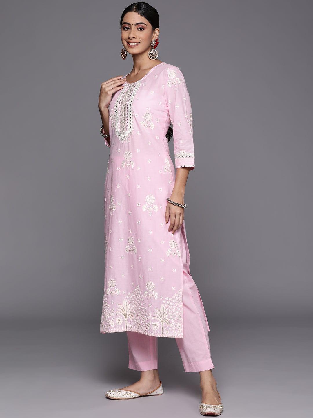 Varanga Women Pink Floral Embroidered Mirror Work Pure Cotton Kurta with Trousers & With Dupatta - Indiakreations