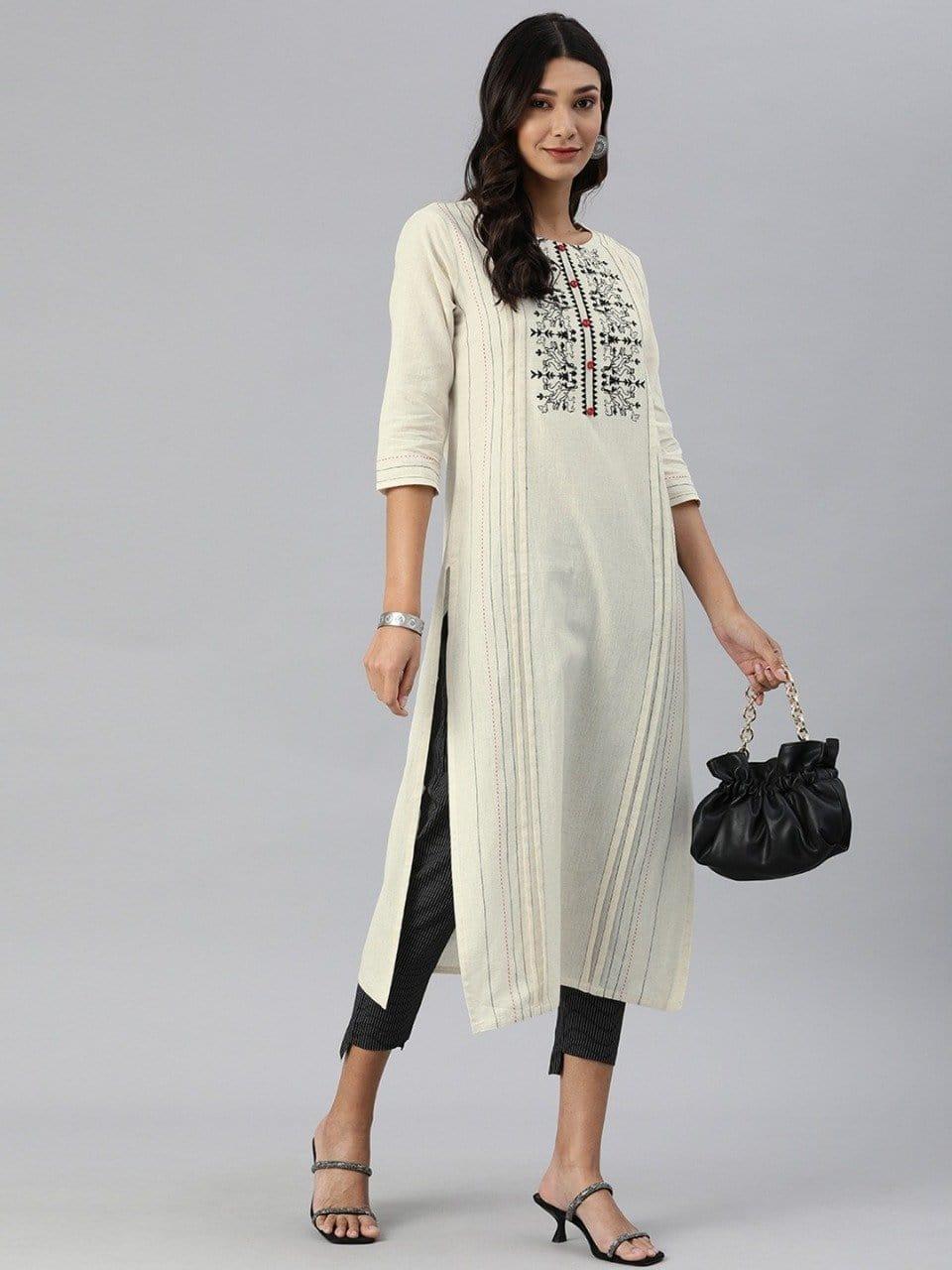 KSUT Women Cream-Coloured & Black Embroidered Kurta with Trousers - Indiakreations