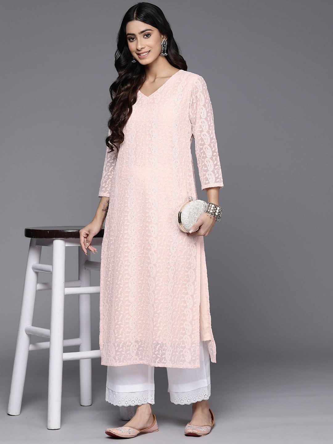 Varanga Paisley Embroidered Pastels Georgette Kurta - Indiakreations