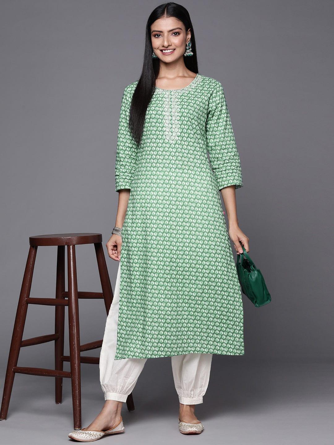 Varanga Women Green Floral Printed Thread Work Floral Kurta - Indiakreations