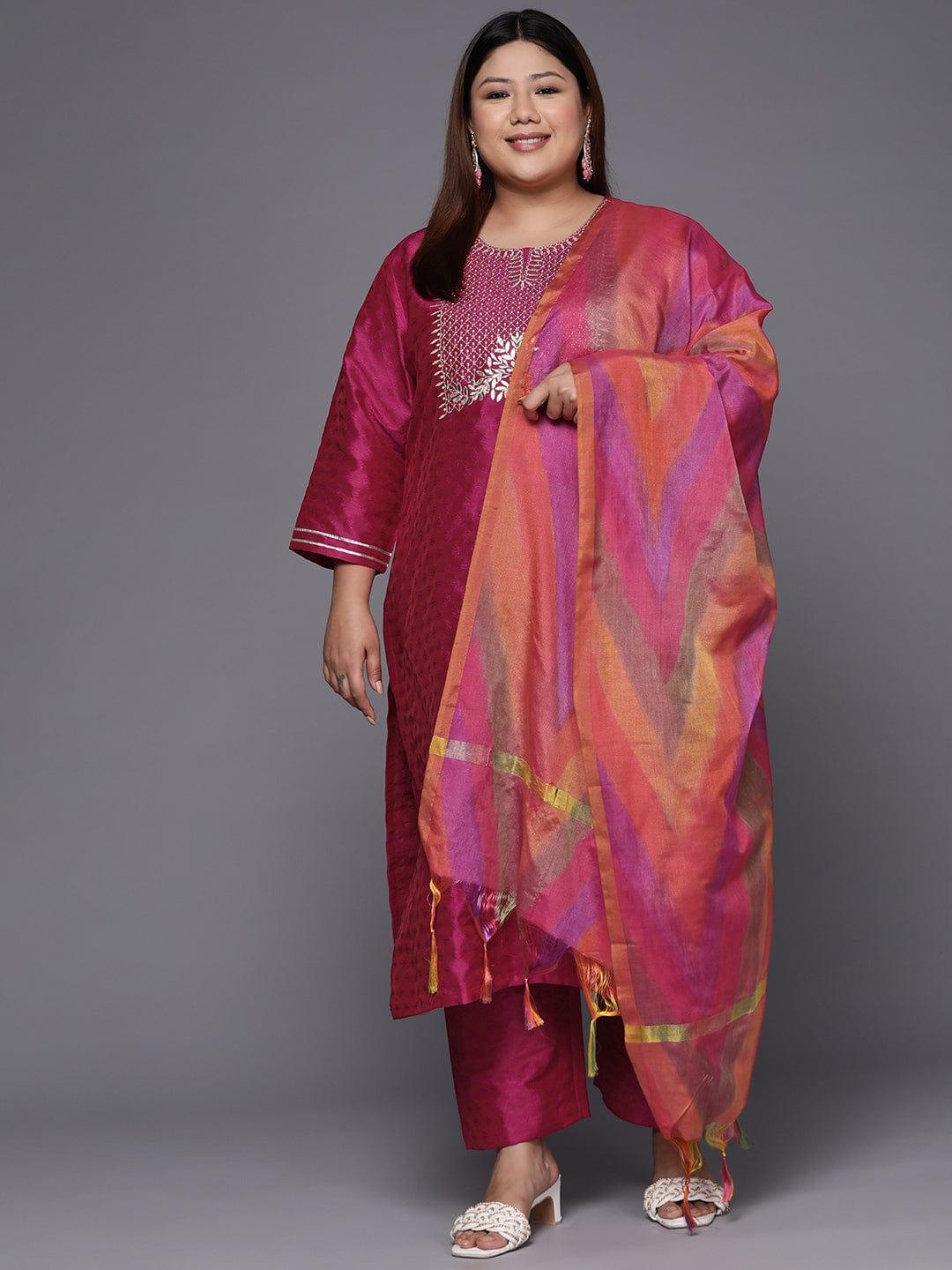 Varanga Women Plus Size Magenta Floral Embroidered Kurta with Trousers & Dupatta - Indiakreations