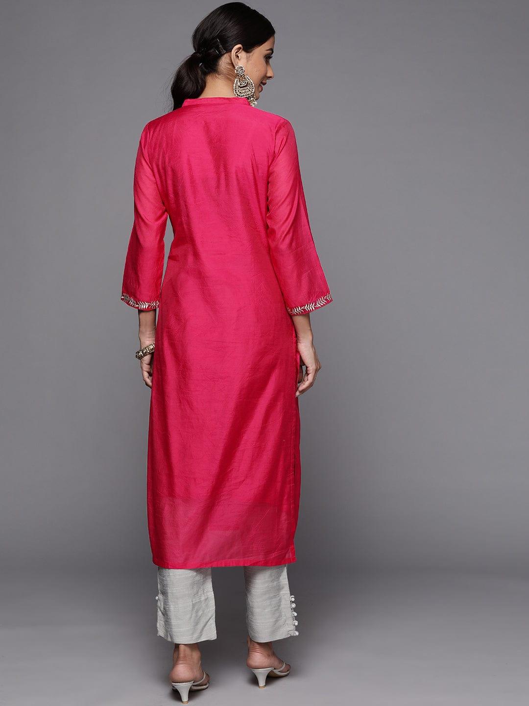 Varanga Women Pink Embroidered Empire Chanderi Silk Kurta with Trousers - Indiakreations