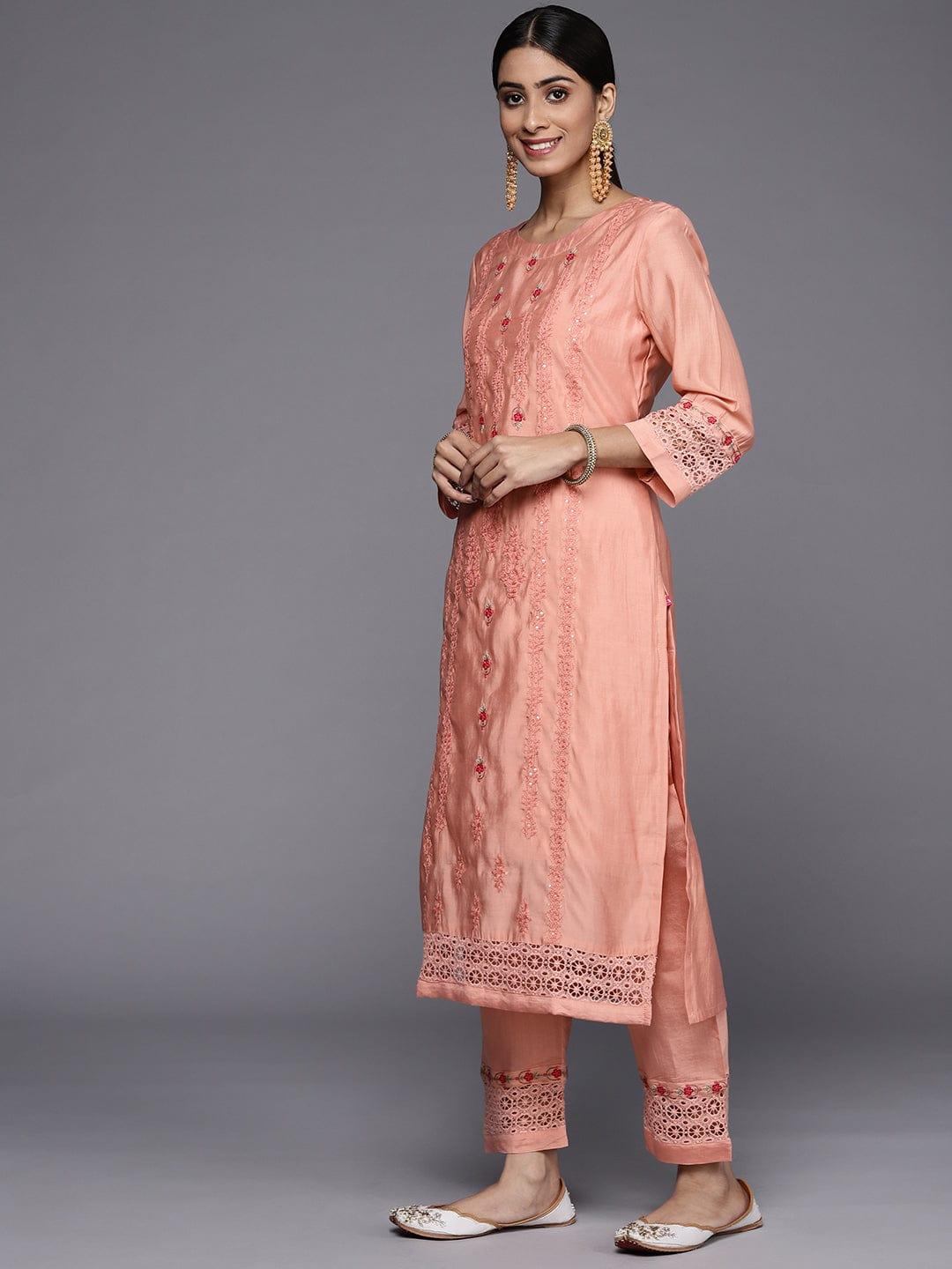 Varanga Women Peach-Coloured Ethnic Motifs Embroidered Kurta with Trousers & Dupatta - Indiakreations