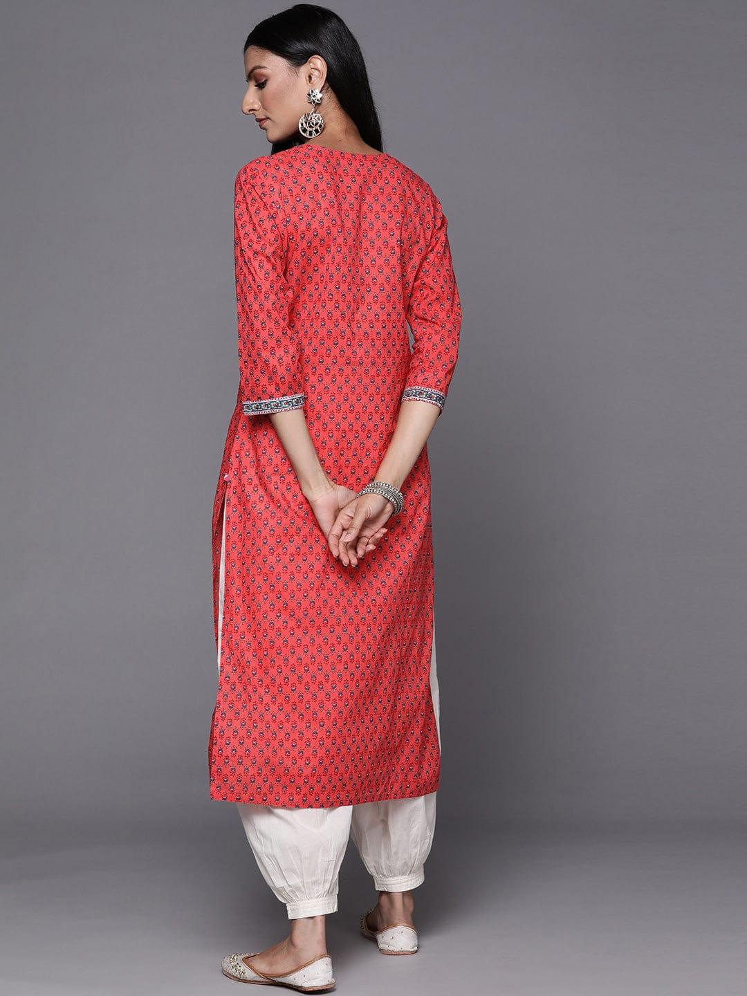 Varanga Women Coral & Blue Floral Printed Gotta Patti Floral Kurta - Indiakreations