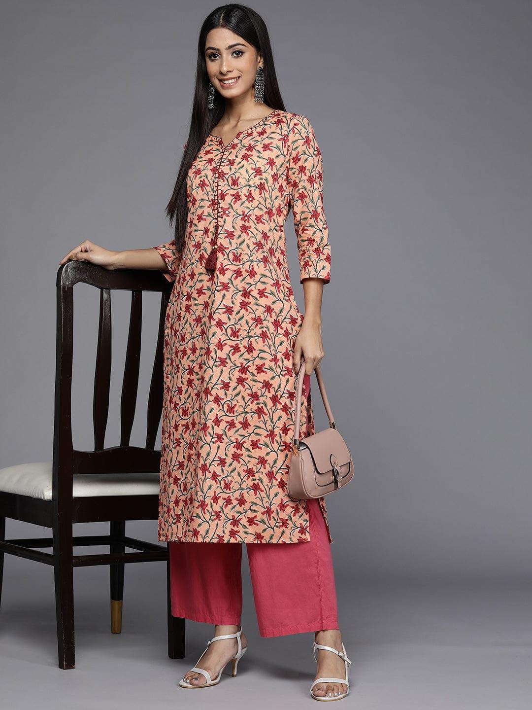 Varanga Women Peach-Coloured & Maroon Floral Printed Cotton Kurta - Indiakreations