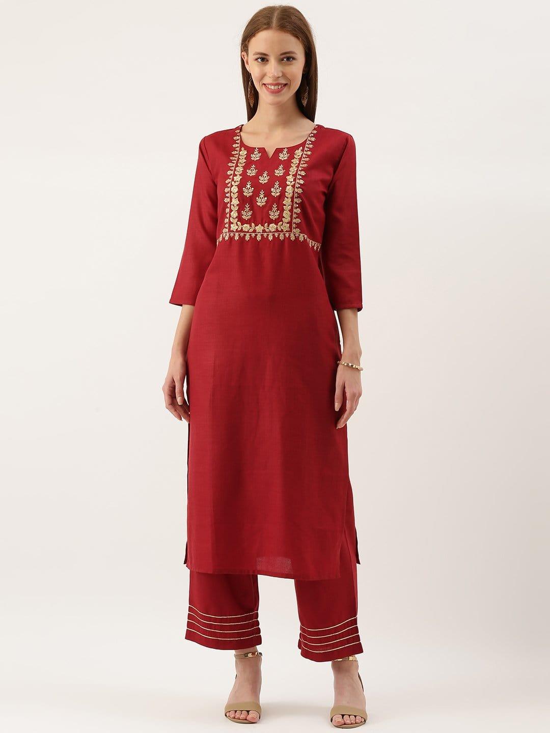 Women Maroon & Off-White Embroidered Yoke Design Kurta With Trousers - Indiakreations