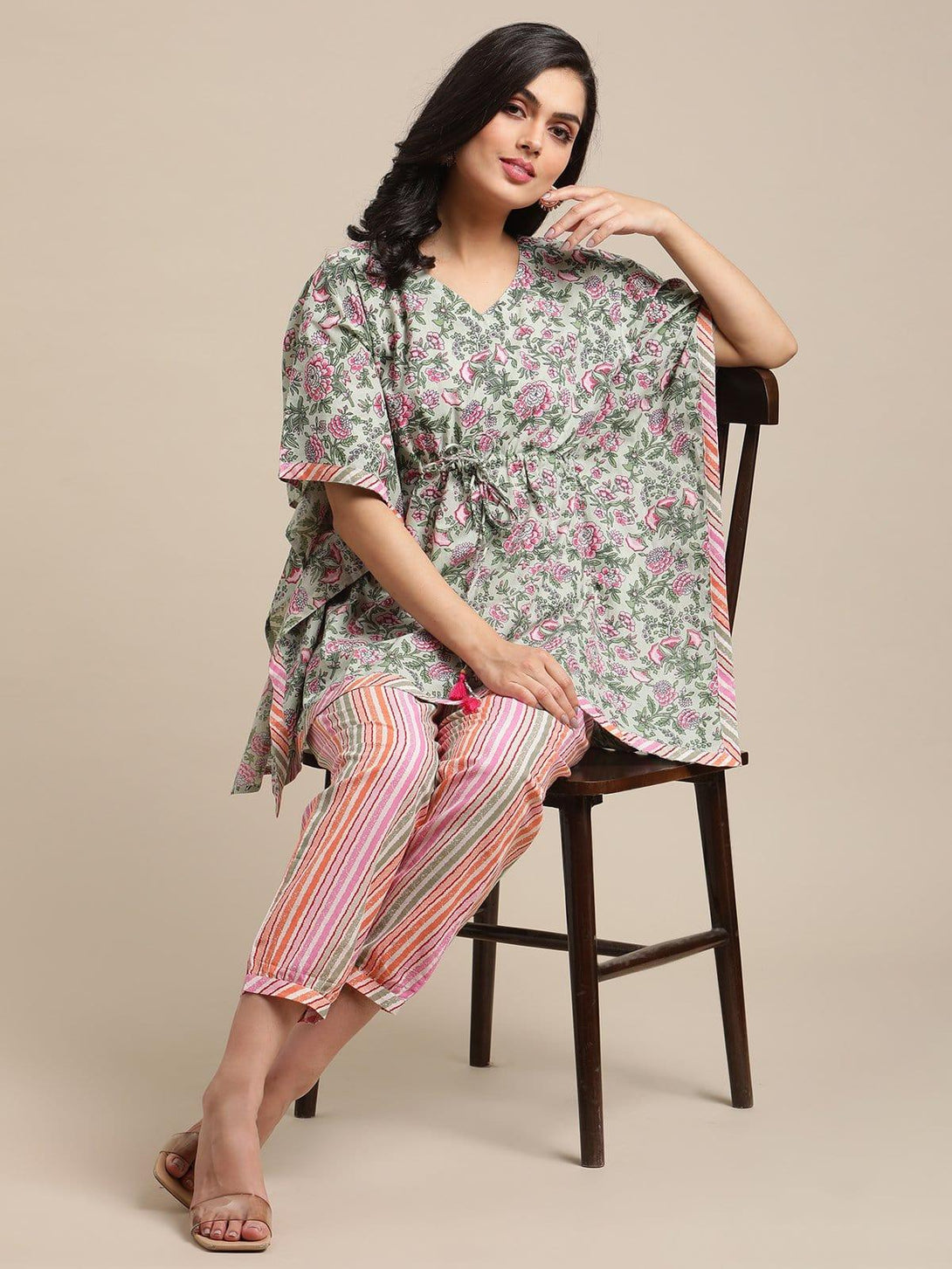 Sea Green Floral Printed Kaftan Trouser Set - Indiakreations