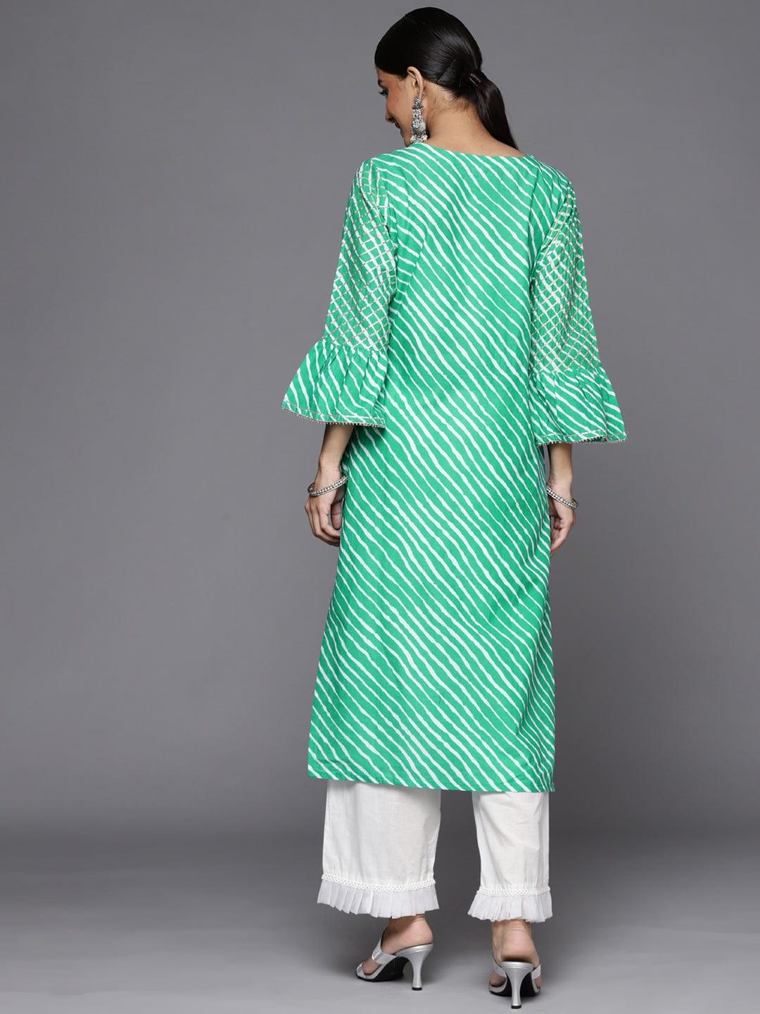 Varanga Women Green & White Leheriya Printed Bell Sleeves Gotta Patti Kurta - Indiakreations