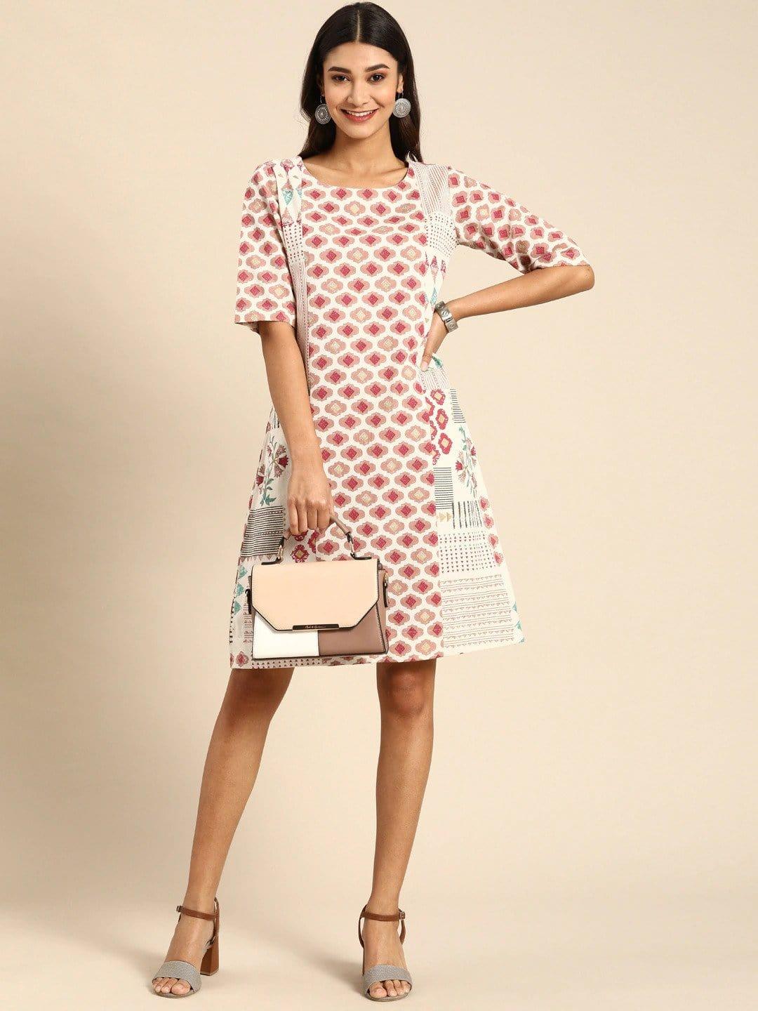 White & Pink Printed A-Line Panelled Dress with Pockets - Indiakreations