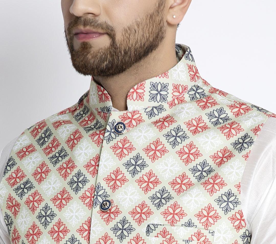 Men's Lime Green & Red Printed Nehru Jacket - Benstoke - Indiakreations