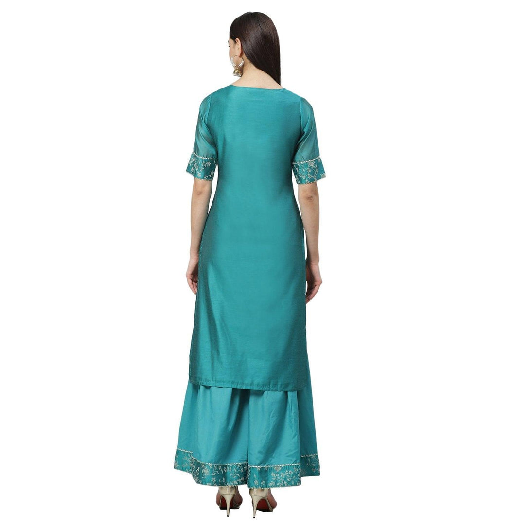 Women's Rama Green Chanderi Printed Half Sleeve Round Neck Casual Kurta Sharara Set - Myshka - Indiakreations