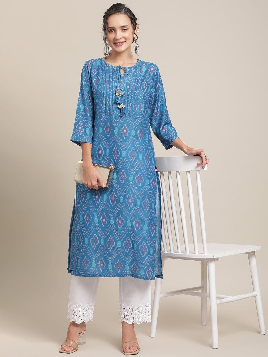 Blue Ikat Printed Round Neck Kurta With Pleated Yoke And 3/4Th Sleeves - Indiakreations