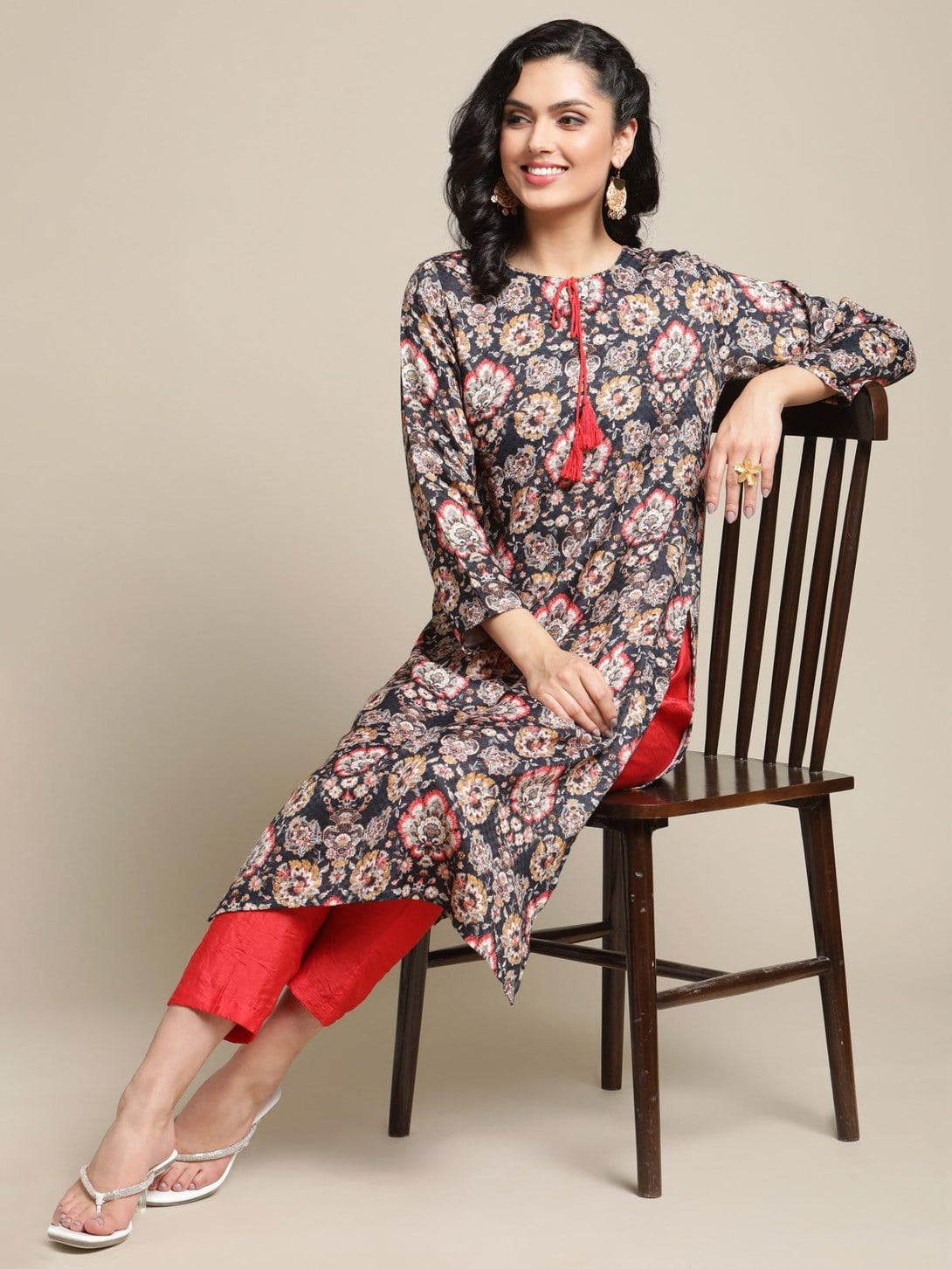 Navy Floral Printed Pashmina Kurta With Tassel And Drawstring And Having Full Sleeves - Indiakreations