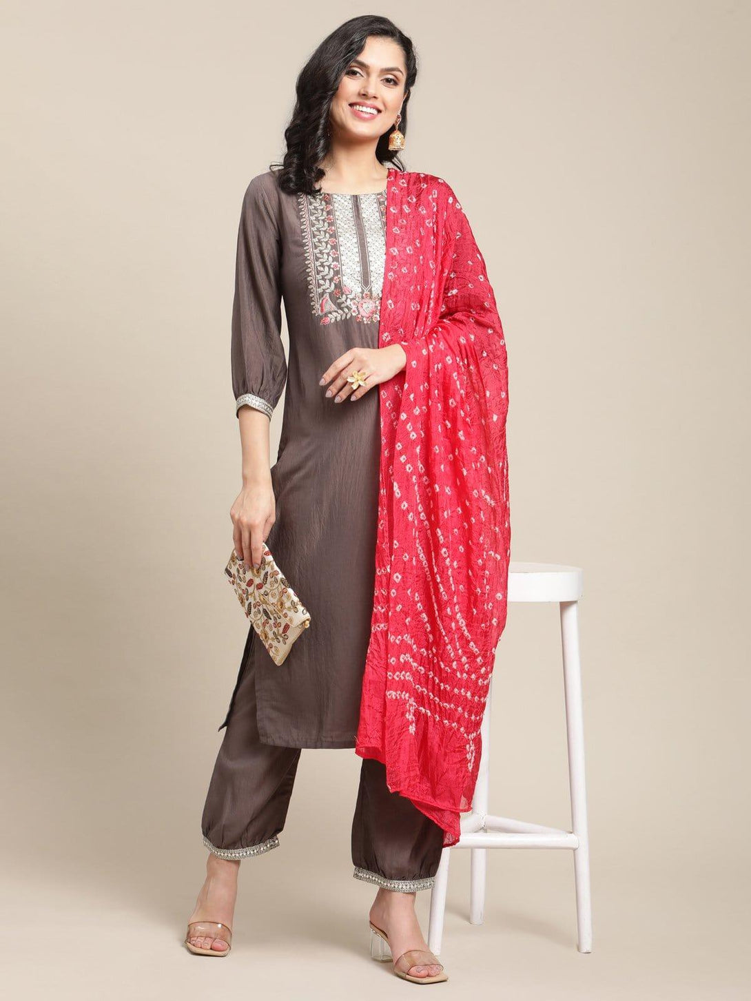 Round Neck Embroidered Yoke Kurta With Gathered Hem Trousers And Bandhani Dupatta - Indiakreations